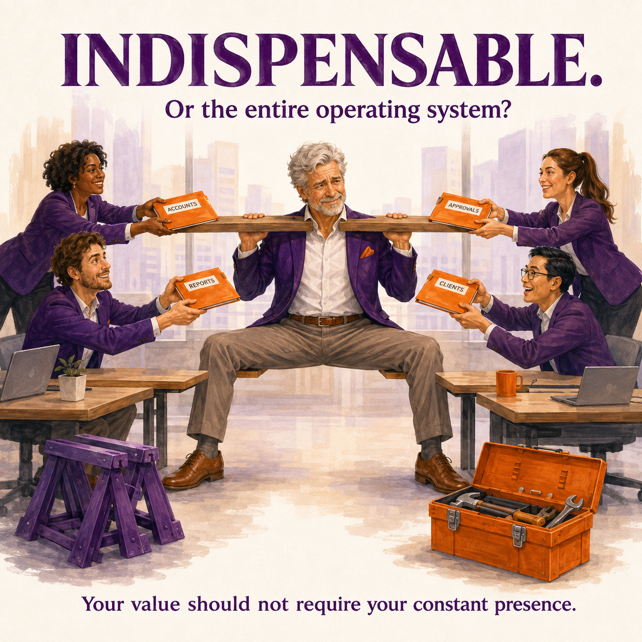A professional supports an improvised bridge carrying colleagues' work while unused structural supports and a toolbox sit nearby. Text: Indispensable. Or the entire operating system?