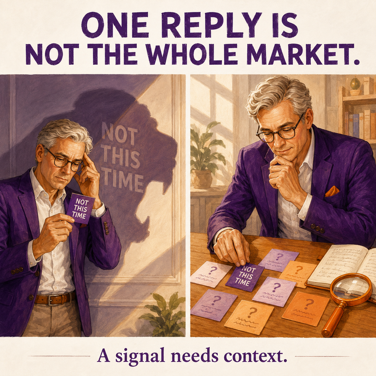 Two-panel career cartoon. A small rejection casts a huge shadow; then the response is placed beside other observations for review. Text: One reply is not the whole market. A signal needs context.
