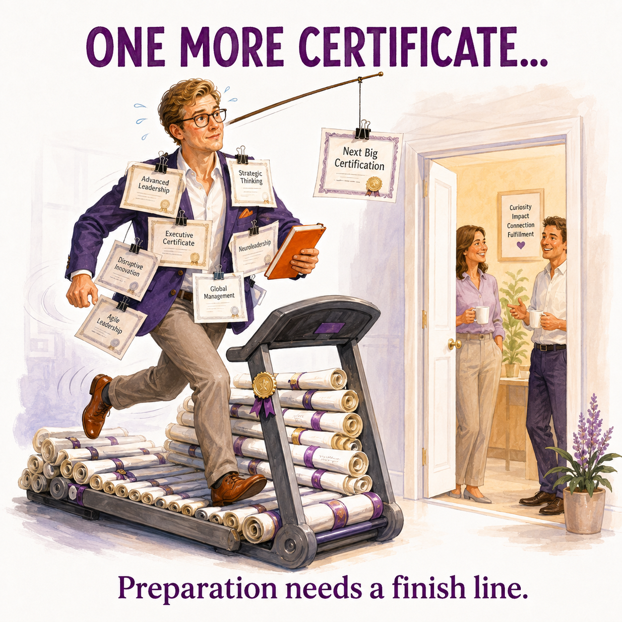 An experienced professional runs on a treadmill made from diplomas, reaching for another certificate. Beside him an open door leads to a conversation. Text: One more certificate… Preparation needs a finish line.