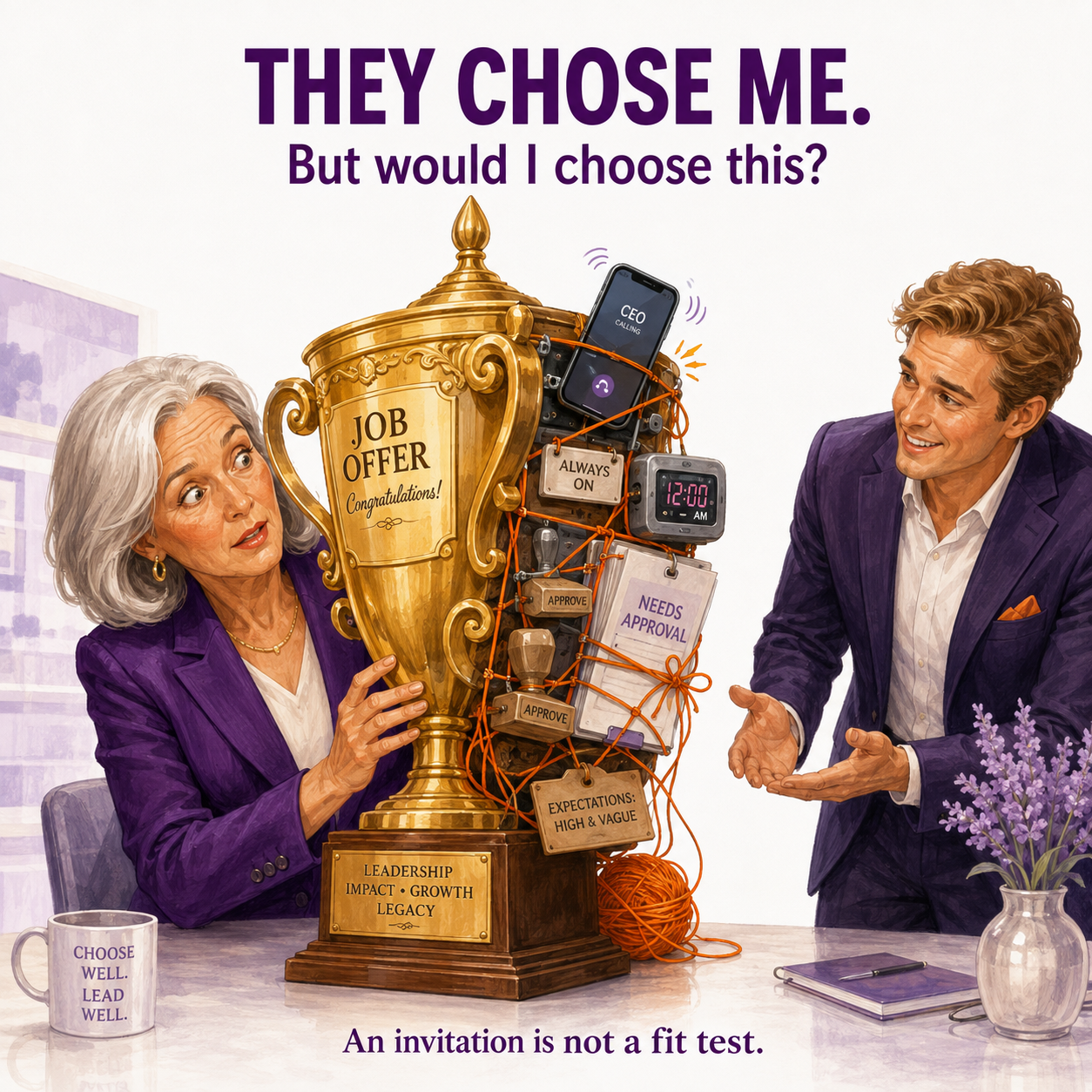 Humorous illustration of a senior professional examining a golden job-offer trophy. Behind its impressive face are a midnight alarm, a ringing phone and approval forms. Text: They chose me. But would I choose this?