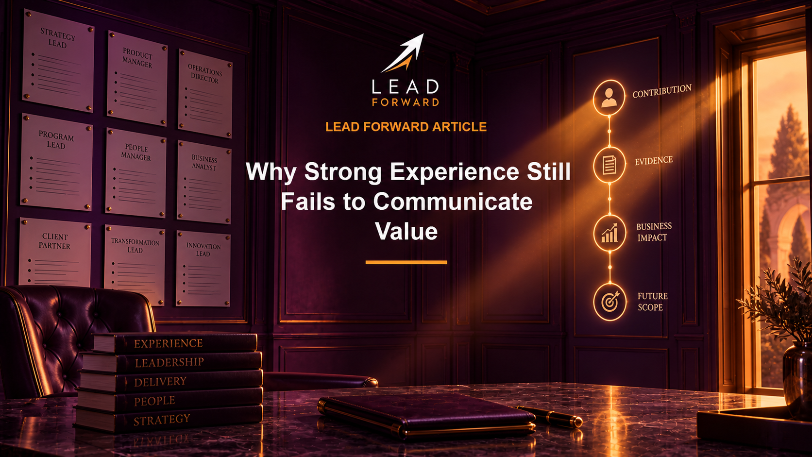 Lead Forward article cover showing an executive strategy room where role descriptions remain in shadow while contribution, evidence, business impact, and future scope are connected by warm light.