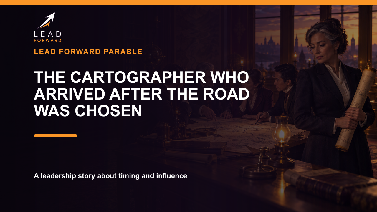 Lead Forward Parable cover showing a cartographer holding a finished map while stakeholders choose a route together at a lamplit council table.