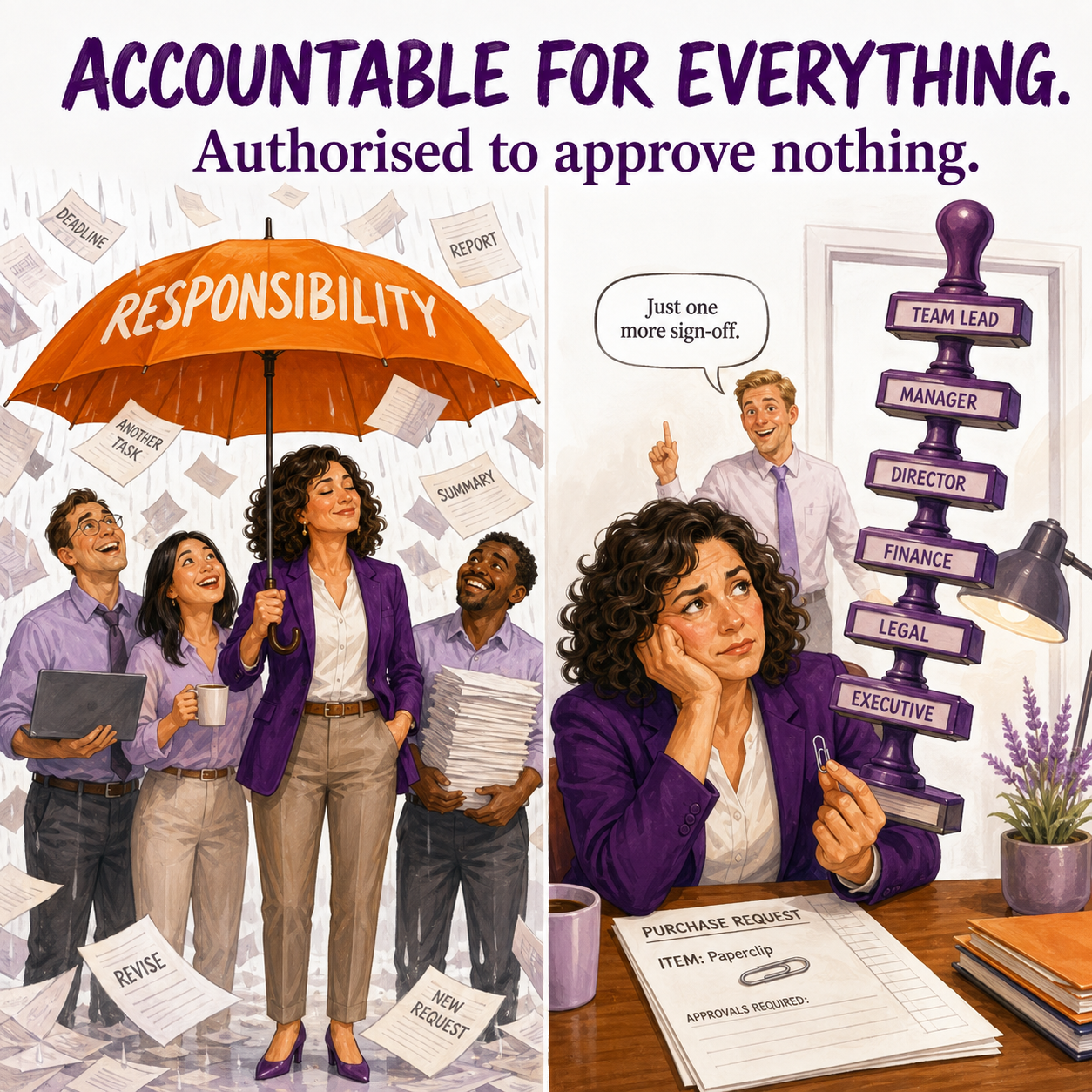 Two-panel office cartoon: a manager shields colleagues under a responsibility umbrella, then faces a tower of approval stamps to buy a paperclip. Text: Accountable for everything. Authorised to approve nothing.
