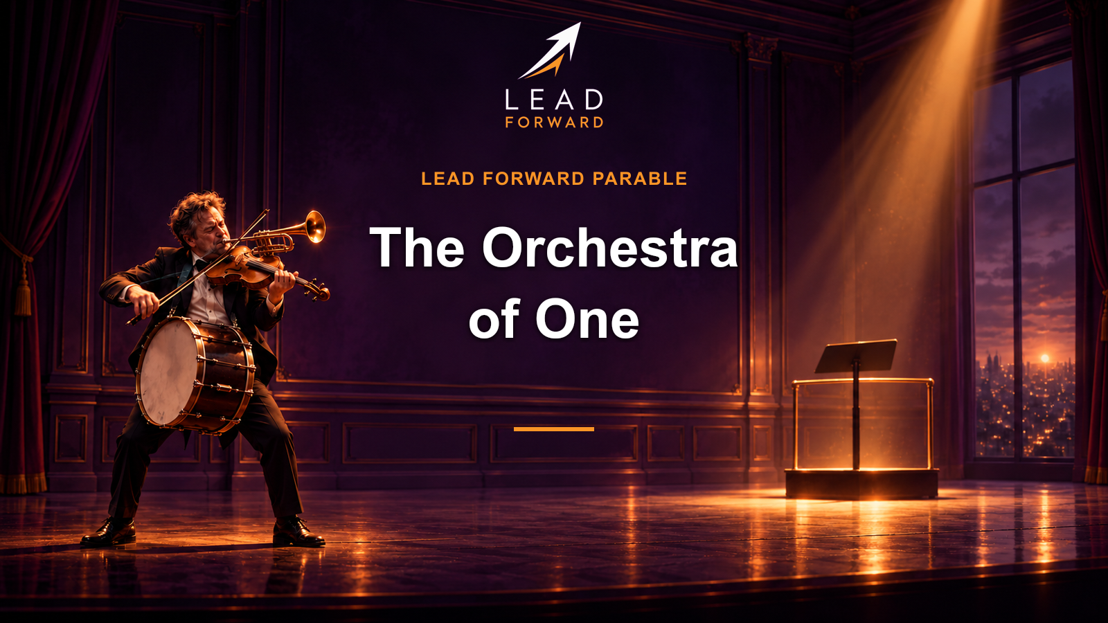 Тёмная обложка параболы The Orchestra of One: дирижёр один отвечает за исполнение целого оркестра.
