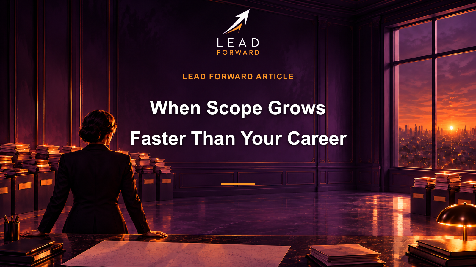 Тёмная обложка статьи When Scope Grows Faster Than Your Career о росте объёма работы без роста карьерной определённости.