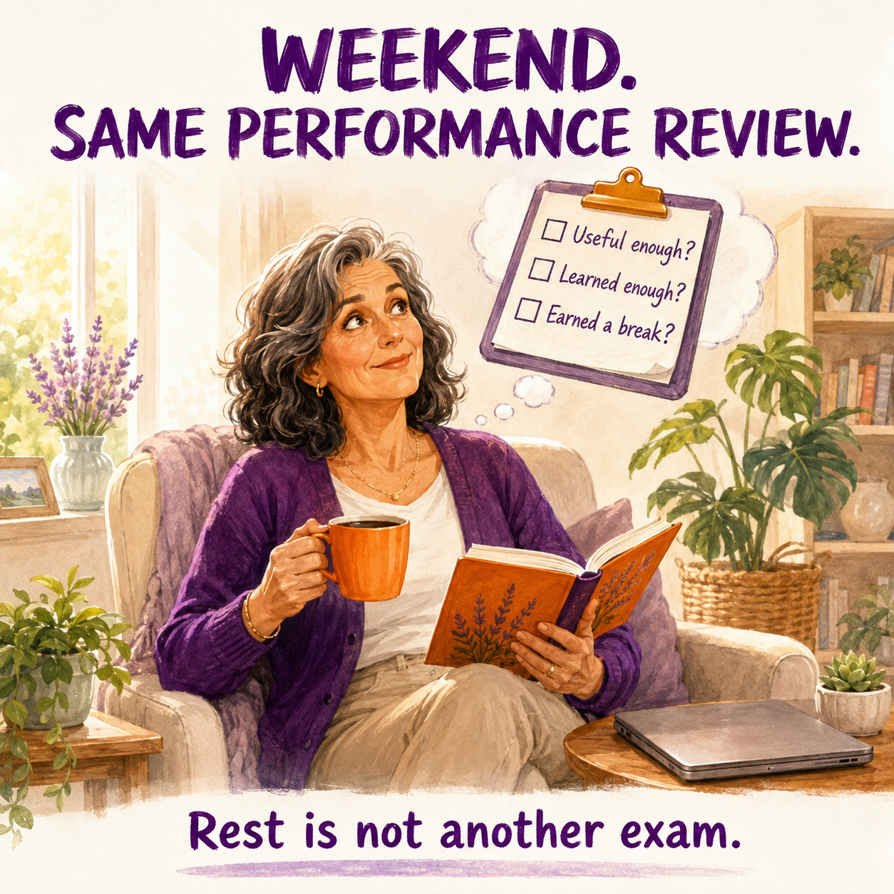A woman tries to rest in a bright living room while an imagined performance-review checklist floats above her. Her laptop is closed. Text: Weekend. Same performance review. Rest is not another exam.
