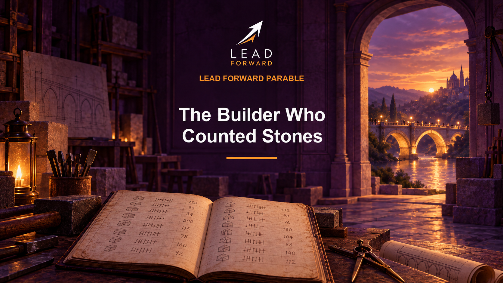 Lead Forward Parable cover showing a stone builder's ledger in the foreground and a finished bridge glowing beyond the workshop doorway.
