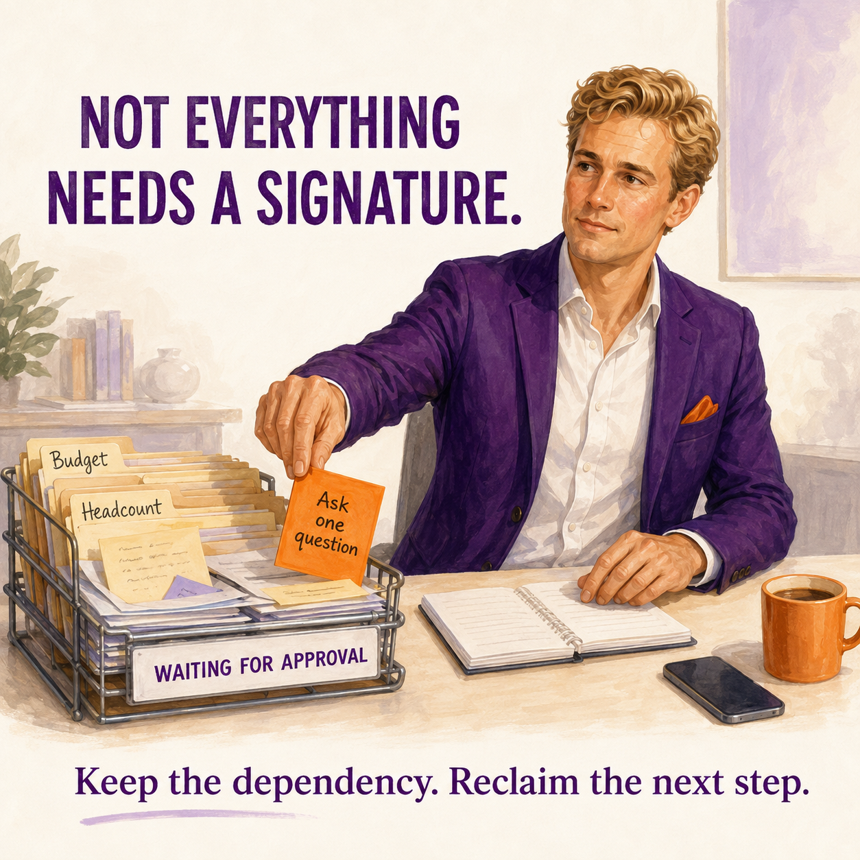 A professional removes an Ask one question card from an approval tray while budget and headcount documents remain waiting. Text: Not everything needs a signature. Keep the dependency. Reclaim the next step.